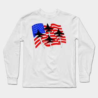 F16 Falcons flying over American Flag Ver 4 Long Sleeve T-Shirt